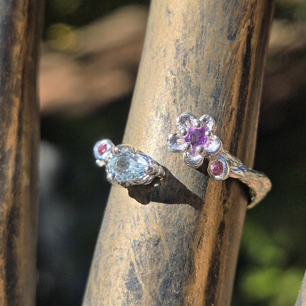 Topaz Amethyst & Rhodalite Sterling & White Gold Floral Ring Sz7 Adjustable - Picture 4 of 9